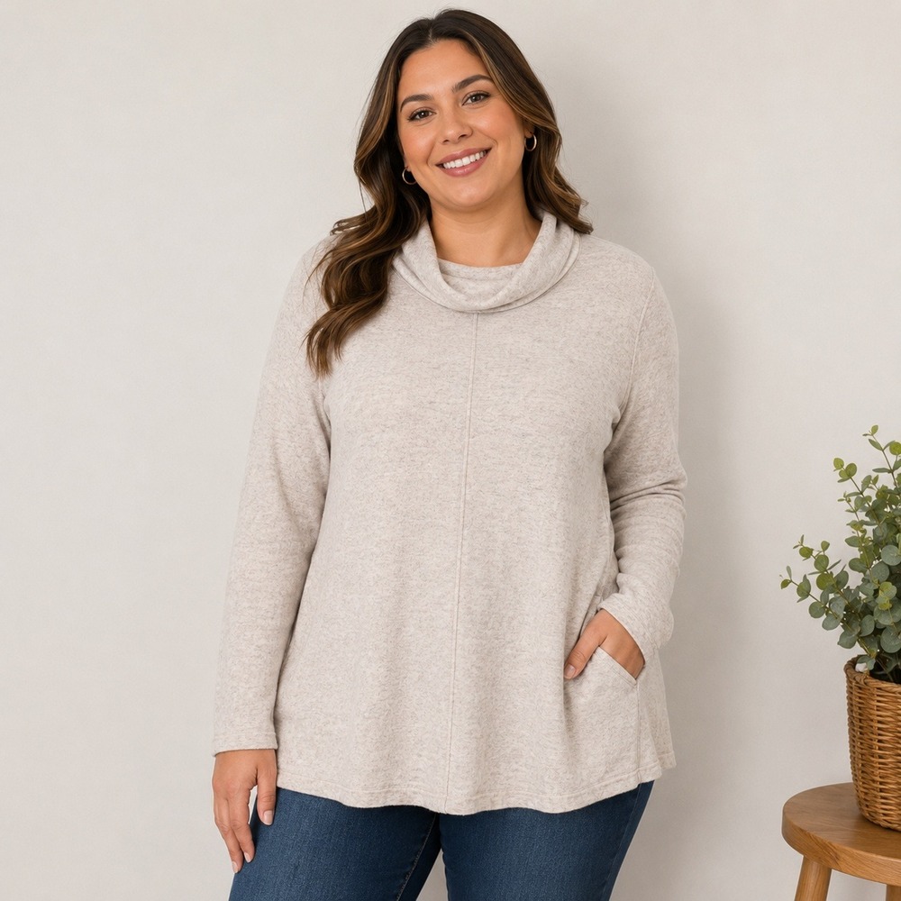 Pure Jill J. Jill Oatmeal Heather Cowl Neck Tunic Top Pockets Tall Large L